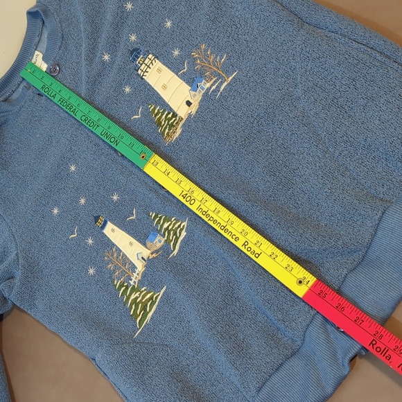 Bon Worth Sweater Lighthouses Women Medium Blue Button Winter Scene - Picture 11 of 11
